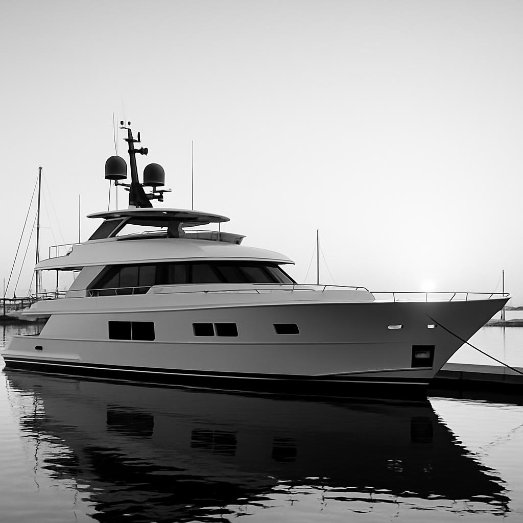 * The document features a grayscale image of a luxurious yacht at a dock, showcasing its sleek design and prominent weathe...